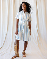 Downeast Seaside Stripe Dress with a fitted bodice and flowing skirt, featuring blue and white nautical stripe pattern.