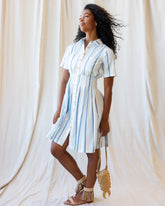 Downeast Seaside Stripe Dress featuring a classic blue and white striped pattern, sleeveless design, and lightweight fabric.
