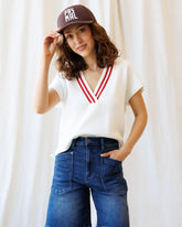 Downeast Atlantic vest sweater, navy blue, cozy knit with front pockets and ribbed cuffs, perfect for casual wear.