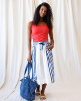 Downeast Sail Away skirt in lightweight fabric with nautical stripes, styled with a flowy fit and tied waist for a casual summer look.