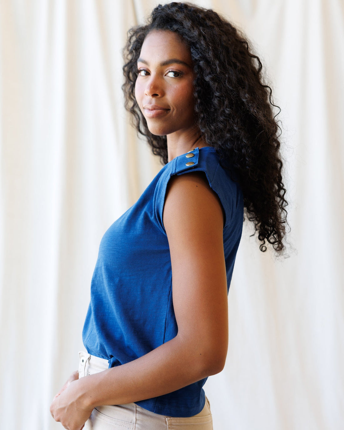 Downeast Bar Harbor top, lightweight casual blouse with short sleeves and V-neck, in a soft, breathable fabric.