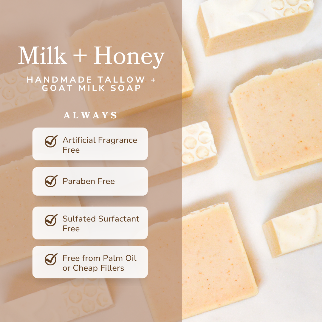 Handmade milk and honey scented tallow and goat milk soap bar by Pretty Farm Girl, showcasing a natural, unwrapped soap with a smooth surface.