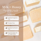 Handmade milk and honey scented tallow and goat milk soap bar by Pretty Farm Girl, showcasing a natural, unwrapped soap with a smooth surface.