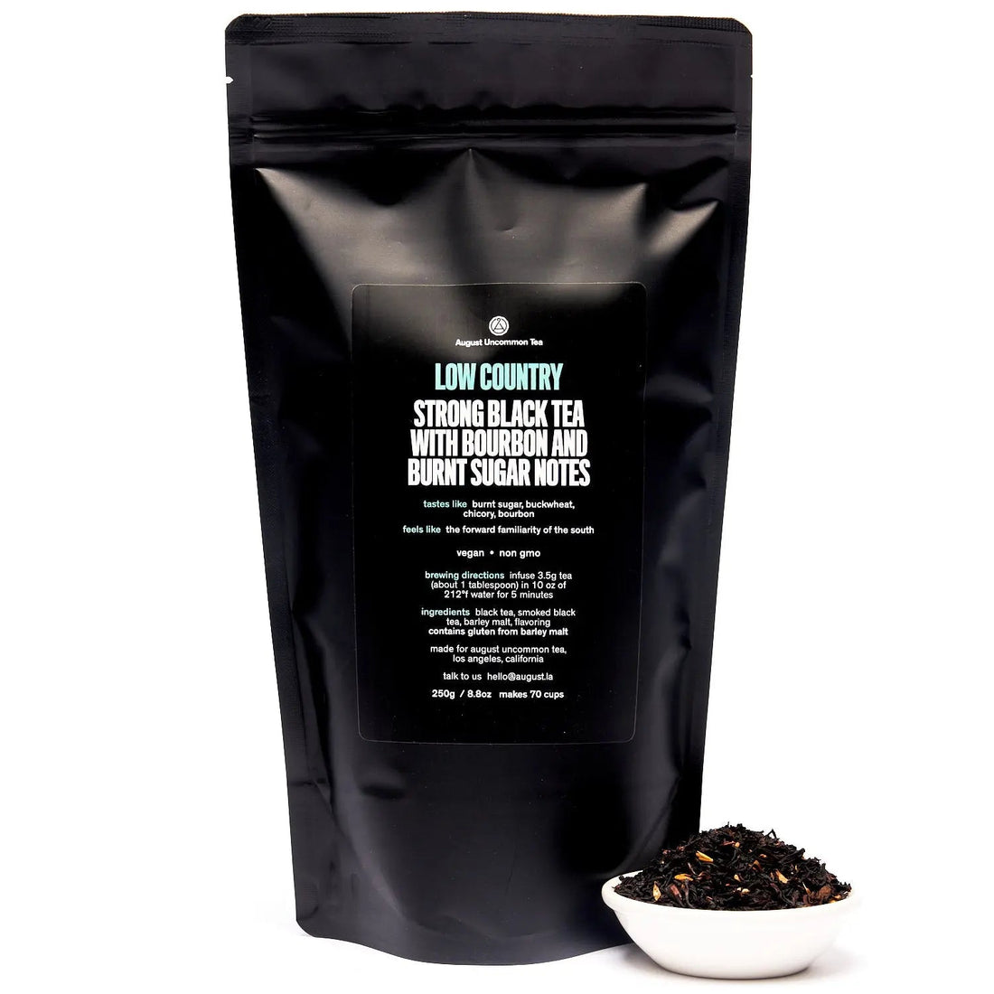 Black tea bag of Low Country Bourbon Sugar Black Tea by August Uncommon Tea, ready for brewing in a 70-cup bag.