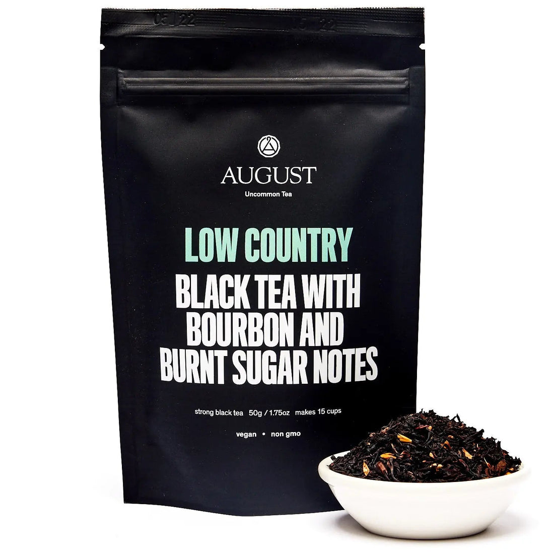 Black tea bag of Low Country Bourbon Sugar Black Tea from August Uncommon Tea, featuring a 15-cup bag for brewing.