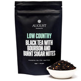 Black tea bag of Low Country Bourbon Sugar Black Tea from August Uncommon Tea, featuring a 15-cup bag for brewing.