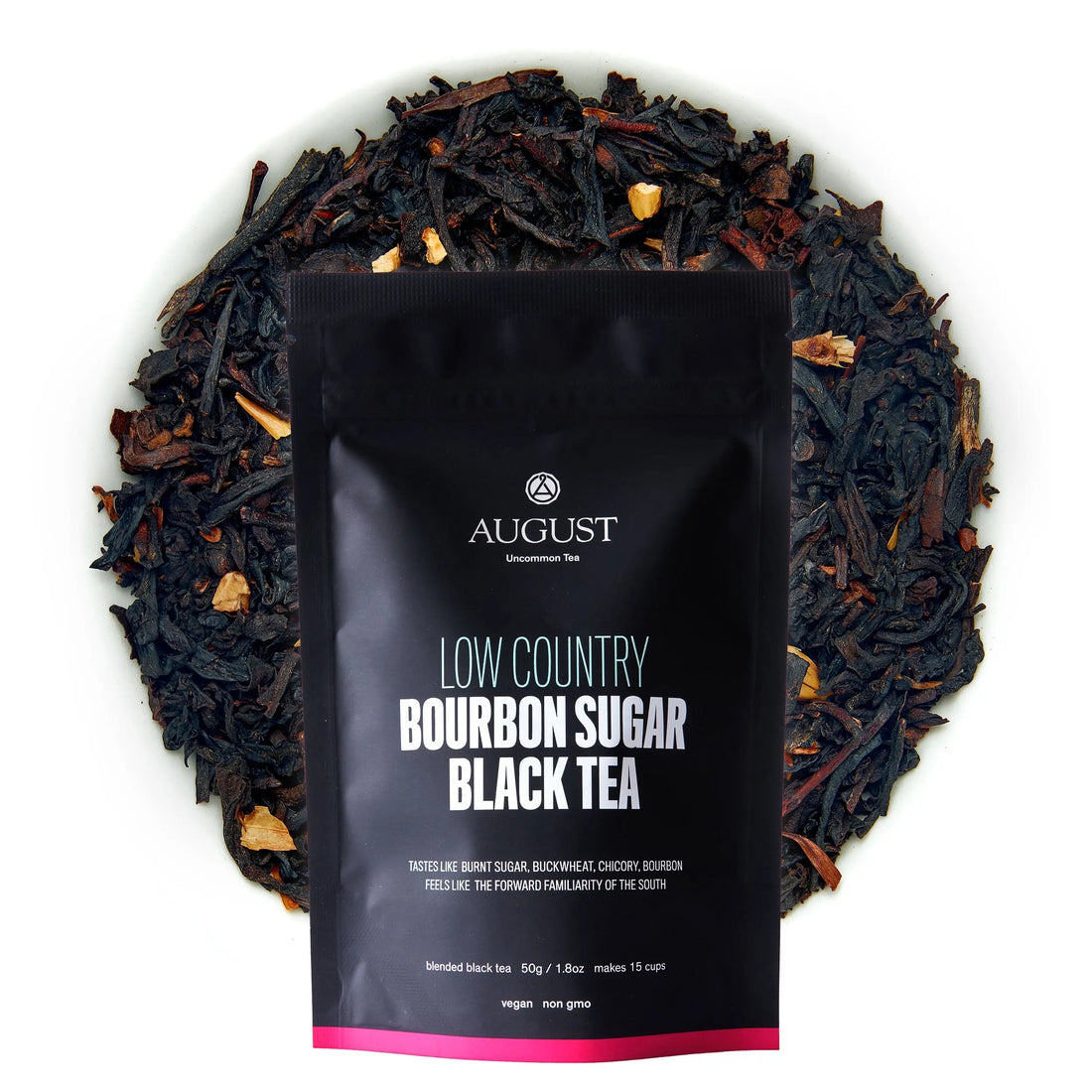 Black tea from August Uncommon Tea, Low Country Bourbon Sugar Black Tea, showcasing dry tea leaves with a rich, dark appearance.
