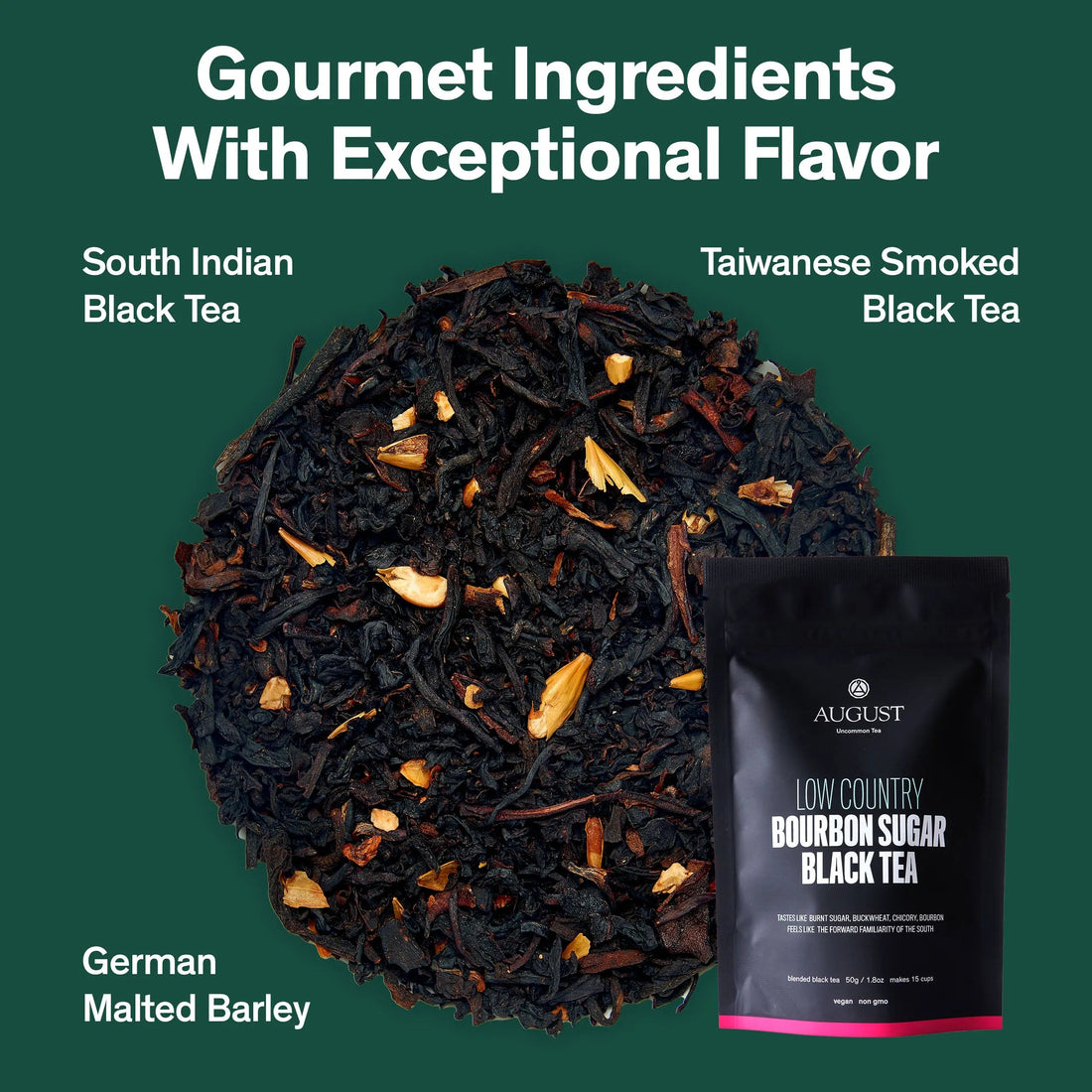Black tea bag from August Uncommon Low Country Bourbon Sugar Black Tea, showing the tea package and loose tea leaves.