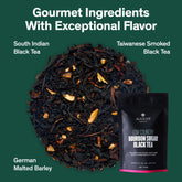 Black tea bag from August Uncommon Low Country Bourbon Sugar Black Tea, showing the tea package and loose tea leaves.