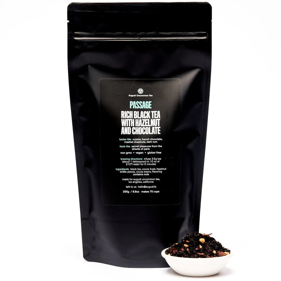Passage Hazelnut Chocolate Black Tea in a 70-cup bag by August Uncommon Tea, featuring rich black tea with hazelnut and chocolate notes.