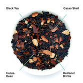 Passage hazelnut chocolate black tea leaves from August Uncommon Tea, showcasing dark loose leaf tea with nutty and chocolate notes.