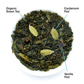 Fresh green tea leaves with vanilla and cardamom, from August Uncommon Tea&