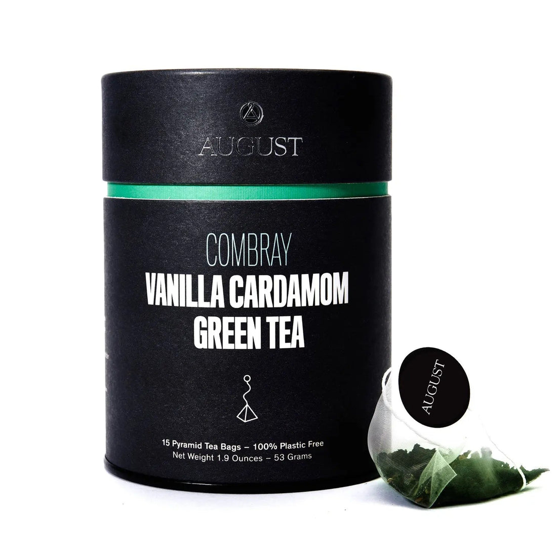 Combray Vanilla Cardamom Green Tea by August Uncommon Tea, 15 tea bags in packaging, showcasing the tea bags and branding.