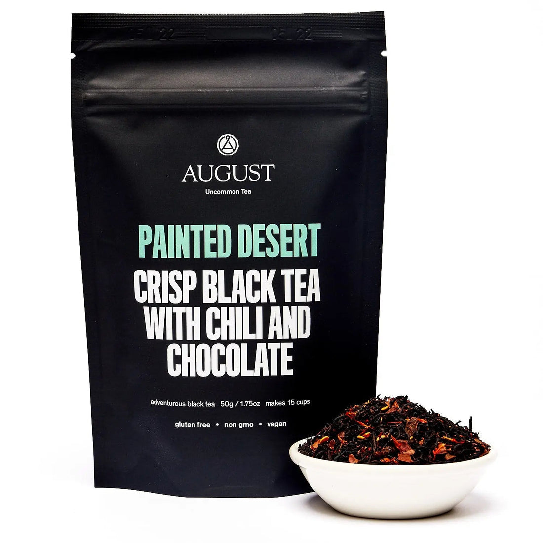 Painted Desert Chocolate Chili Black Tea from August Uncommon Tea in a 15-cup bag, showcasing rich black tea with chocolate and chili notes.