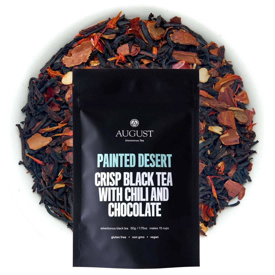 Painted Desert Chocolate Chili Black Tea by August Uncommon Tea, featuring dark brewed tea with rich chocolate and spicy chili notes.