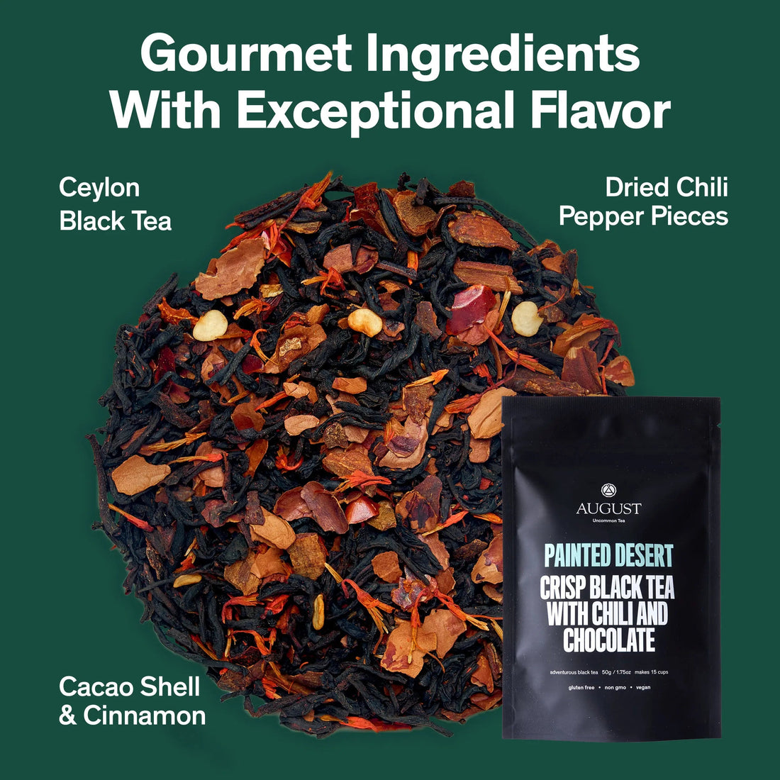 Black tea from August Uncommon Tea’s Painted Desert collection, featuring chocolate and chili flavors in a brewed tea cup.