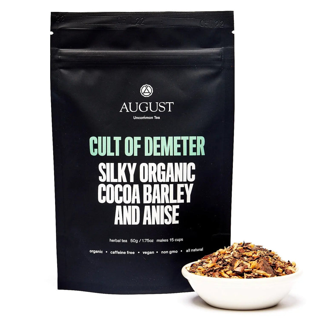 Cult of Demeter Cocoa Anise Barley Tea from August Uncommon Tea, caffeine-free herbal tea in a 15-cup bag.
