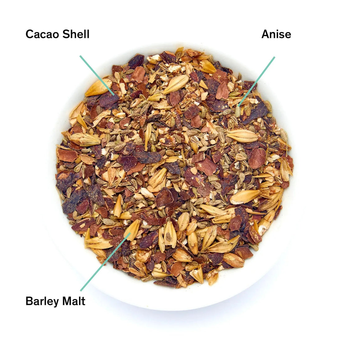 Cult of Demeter Cocoa Anise Barley Tea leaves from August Uncommon Tea, herbal tea blend with cocoa, anise, and barley.