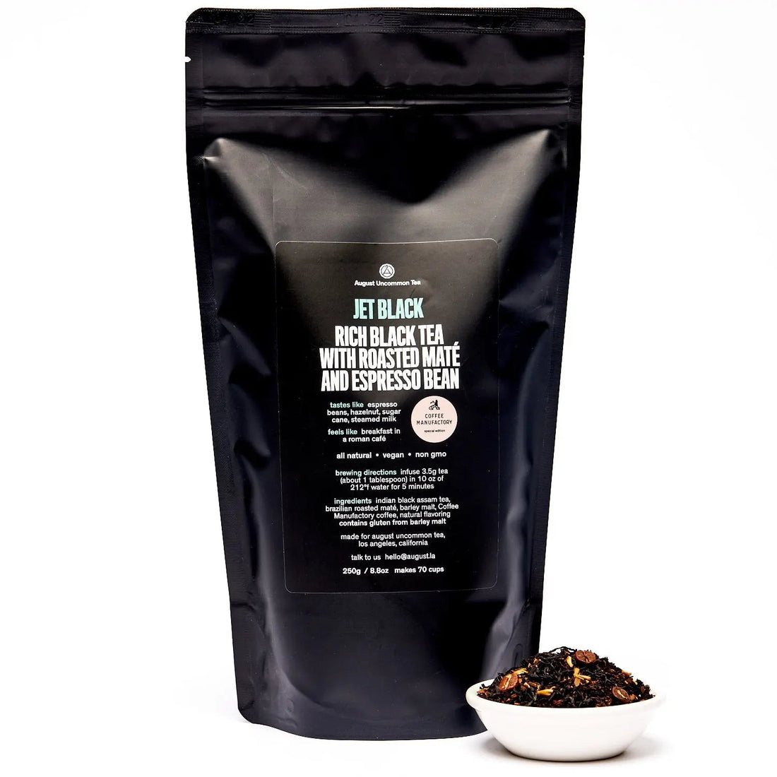 Jet Black Roasty Coffee Black Tea by August Uncommon Tea in a 70-cup bag, showcasing black tea leaves for rich, bold flavor.