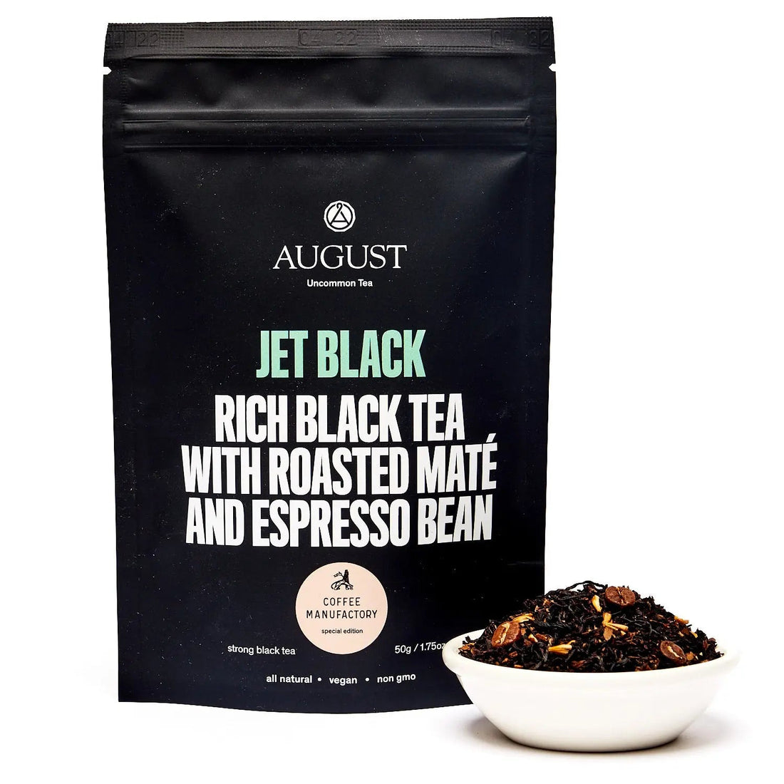 Jet Black Roasty Coffee Black Tea in a 15-cup bag by August Uncommon Tea, featuring dark, rich black tea leaves.