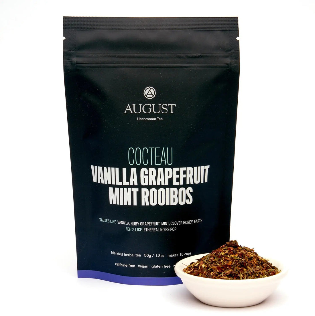 Cocteau Vanilla Grapefruit Mint Rooibos Tea by August Uncommon Tea, caffeine-free herbal tea in a tea bag with vibrant packaging.