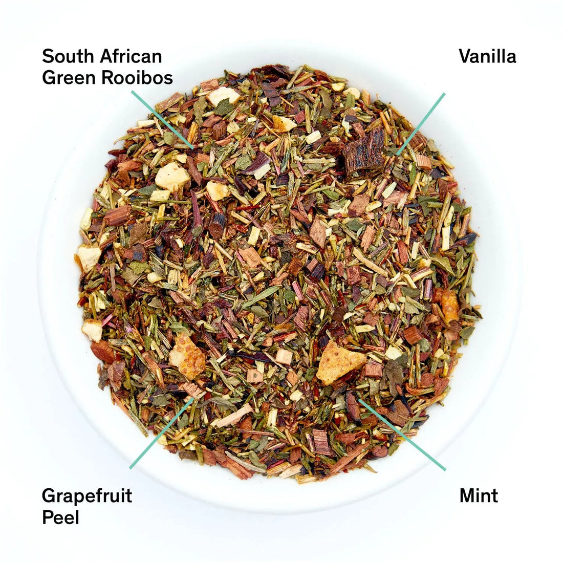 Dry vanilla, grapefruit, mint, and rooibos tea leaves from August Uncommon Tea&
