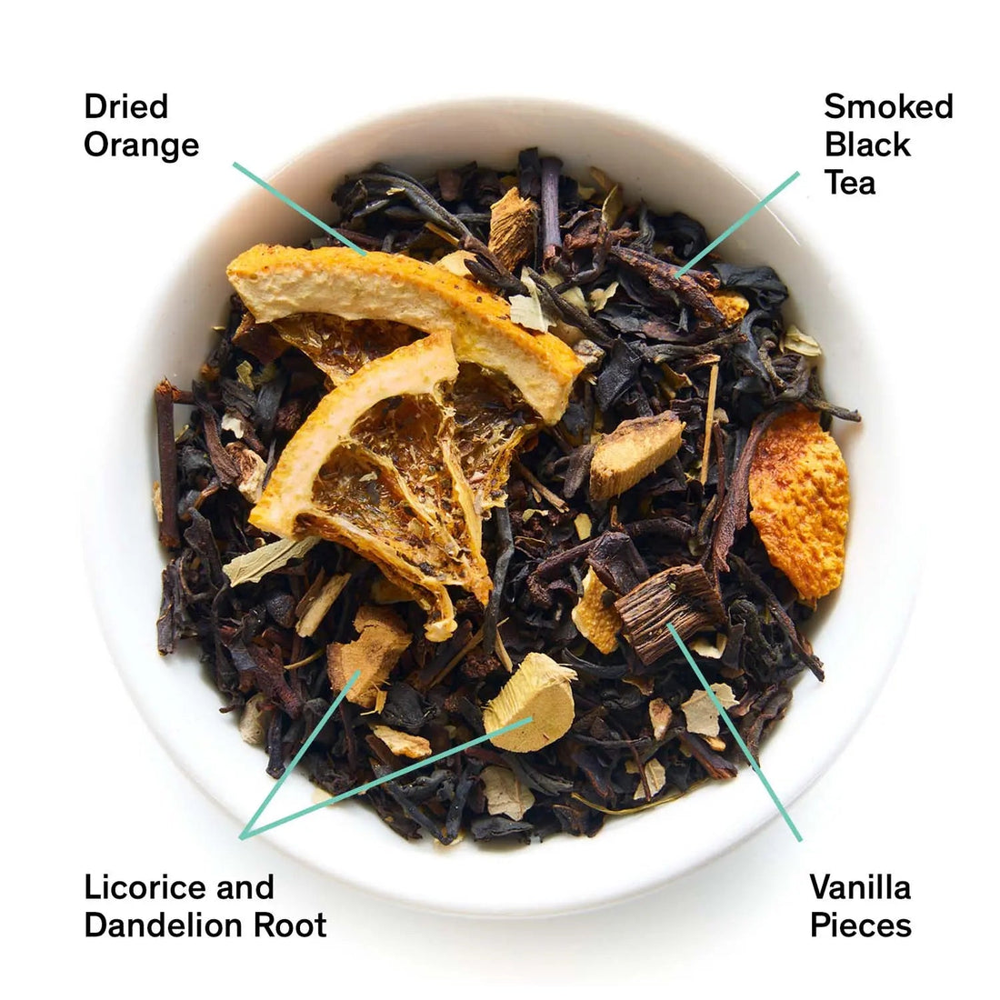 Close-up of Mood Indigo smoky orange vanilla black tea leaves from August Uncommon Tea, showing dark and aromatic tea leaves.