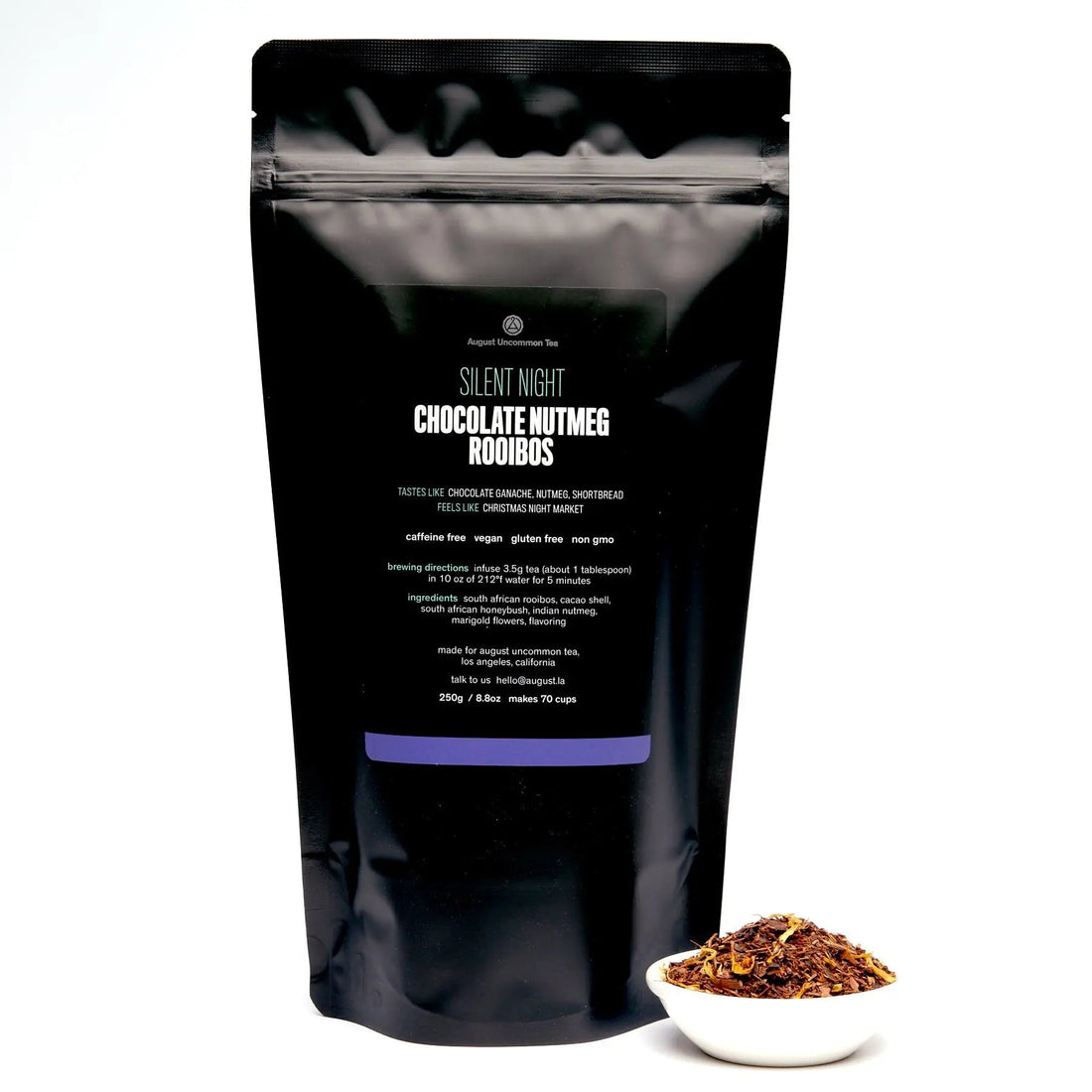 Herbal tea bag of Silent Night Chocolate Nutmeg Rooibos by August Uncommon Tea, caffeine-free herbal beverage in a 70-count package.