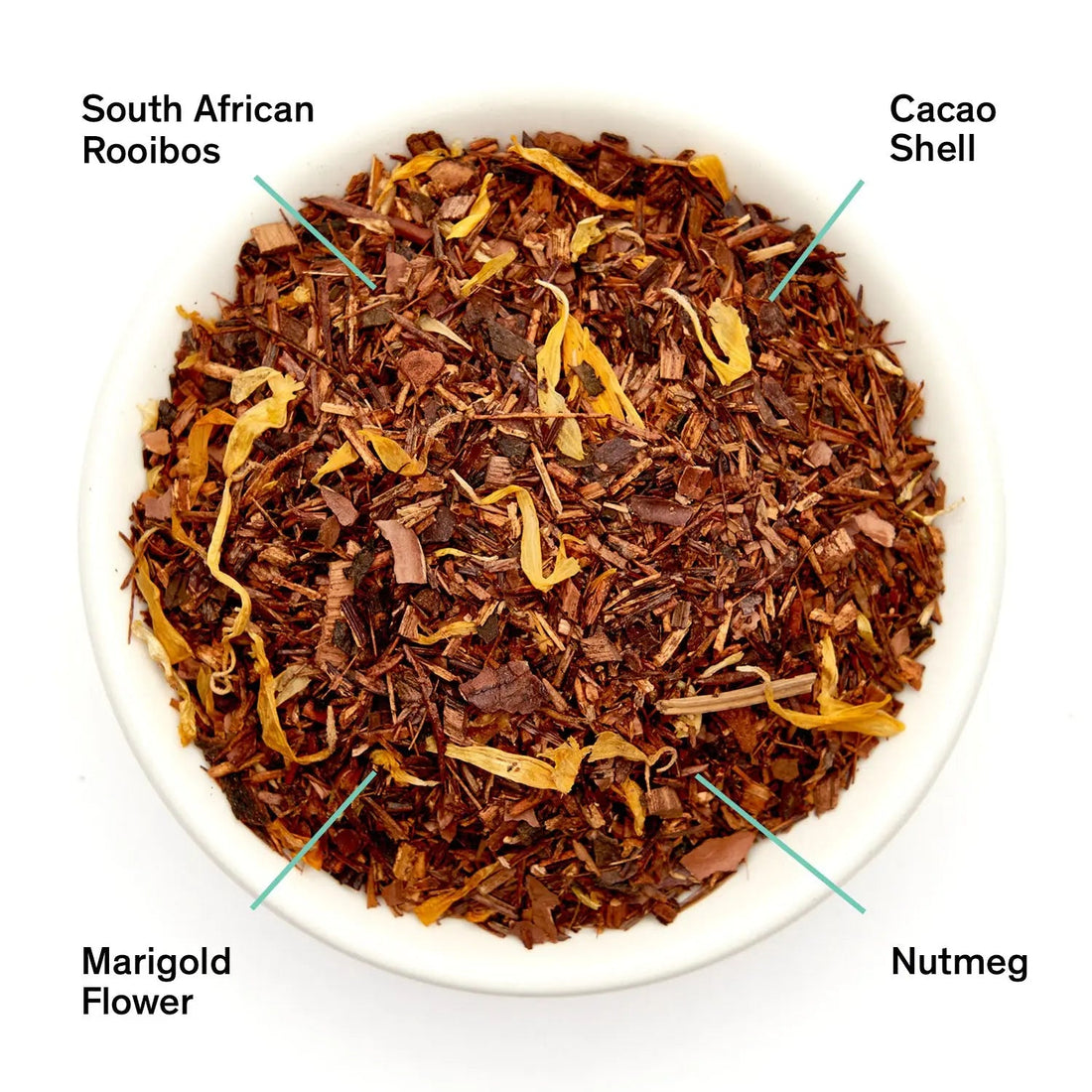 Annotated image of Silent Night Chocolate Nutmeg Rooibos herbal tea leaves by August Uncommon Tea, caffeine-free and rich in flavor.