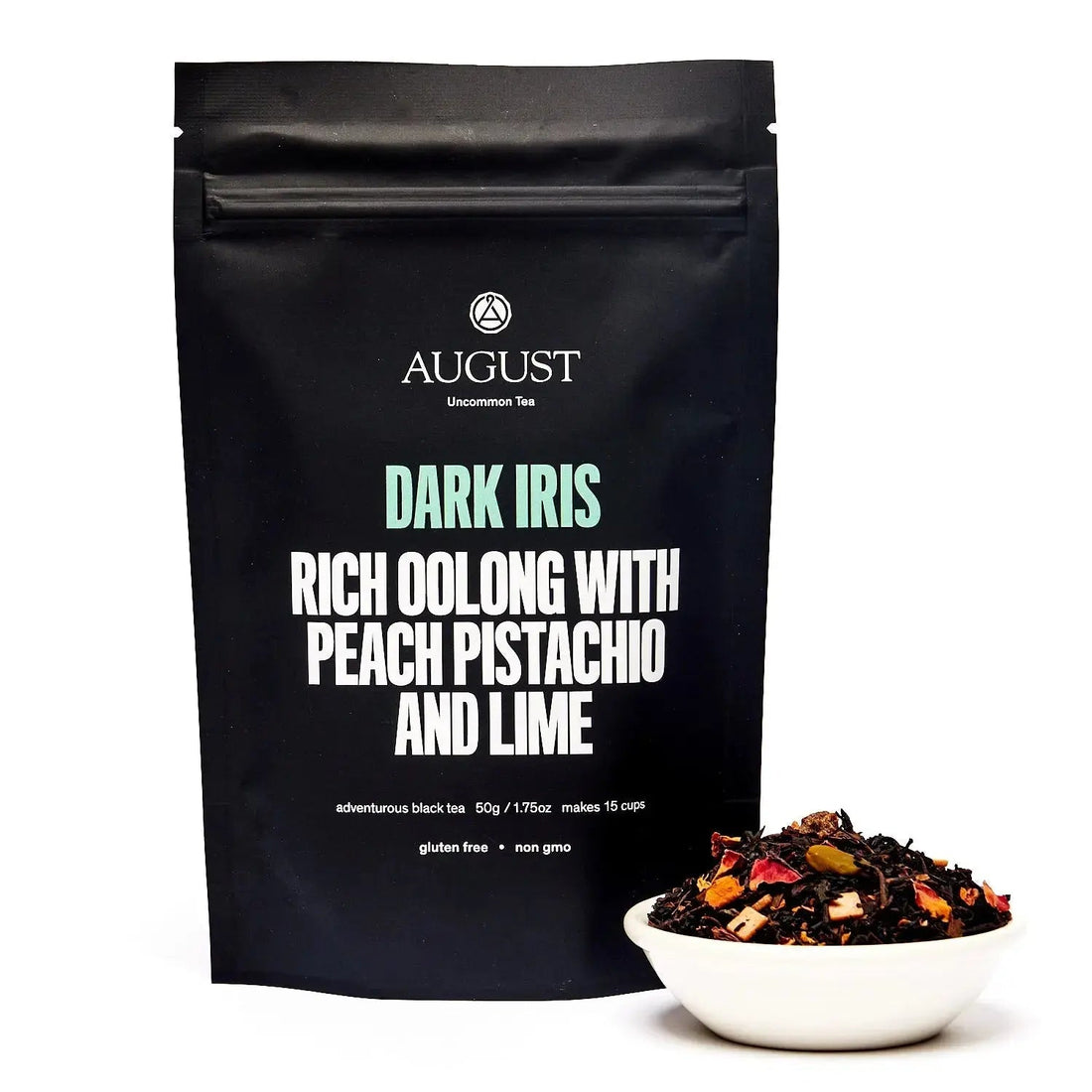 Dark Iris Peach Pistachio Oolong Tea bag from August Uncommon Tea, featuring a 15-cup package with vibrant packaging.
