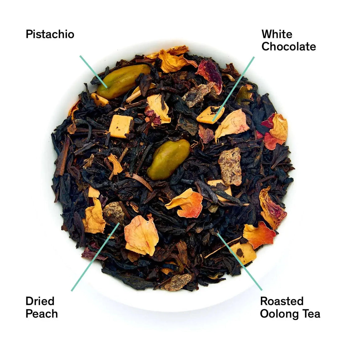 Dark Iris Peach Pistachio Oolong Tea leaves from August Uncommon Tea, showcasing vibrant, rolled oolong tea leaves with a rich aroma.