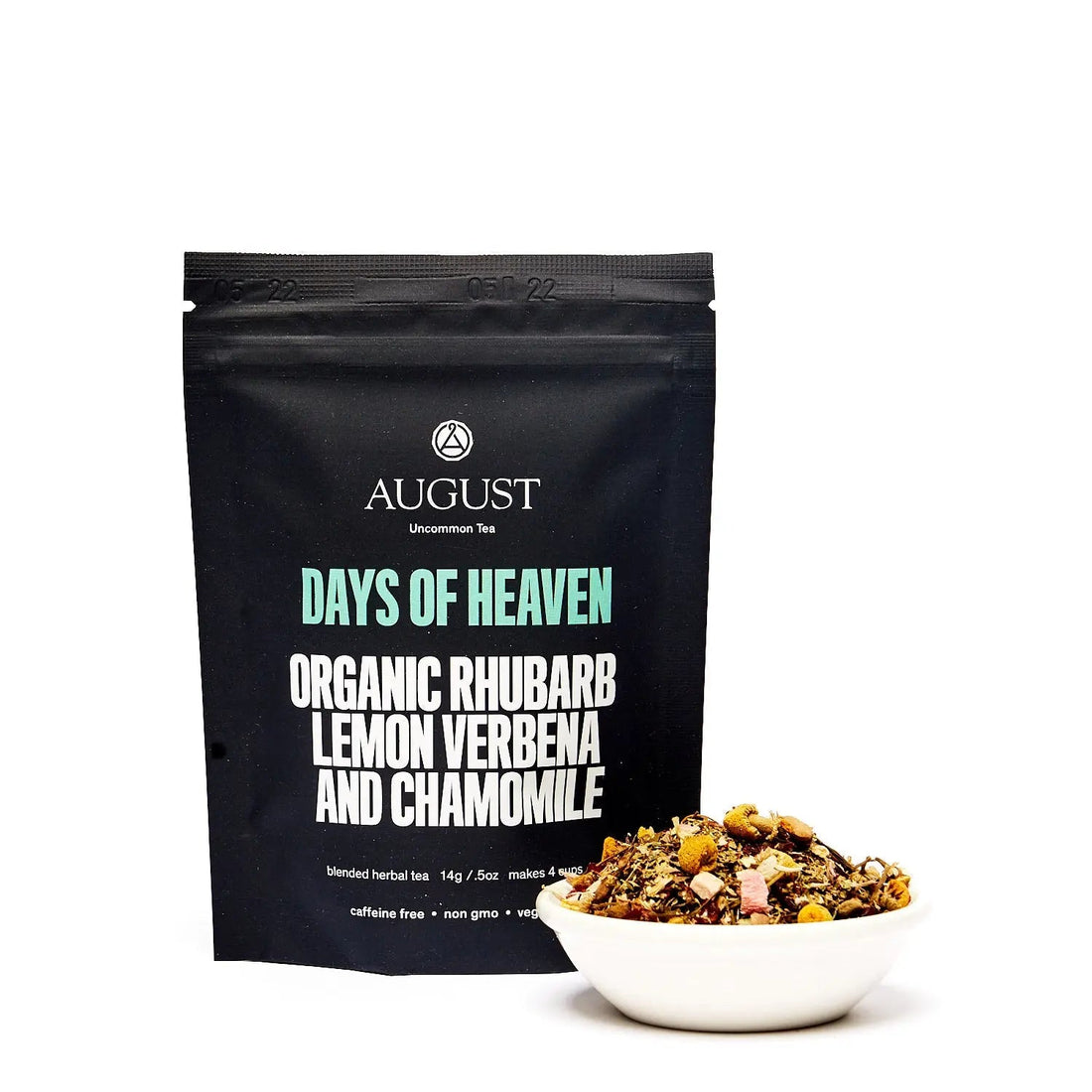 Four cups of Days of Heaven Rhubarb Verbena Chamomile herbal tea by August Uncommon Tea, showcasing a calming, caffeine-free beverage.