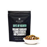 Four cups of Days of Heaven Rhubarb Verbena Chamomile herbal tea by August Uncommon Tea, showcasing a calming, caffeine-free beverage.