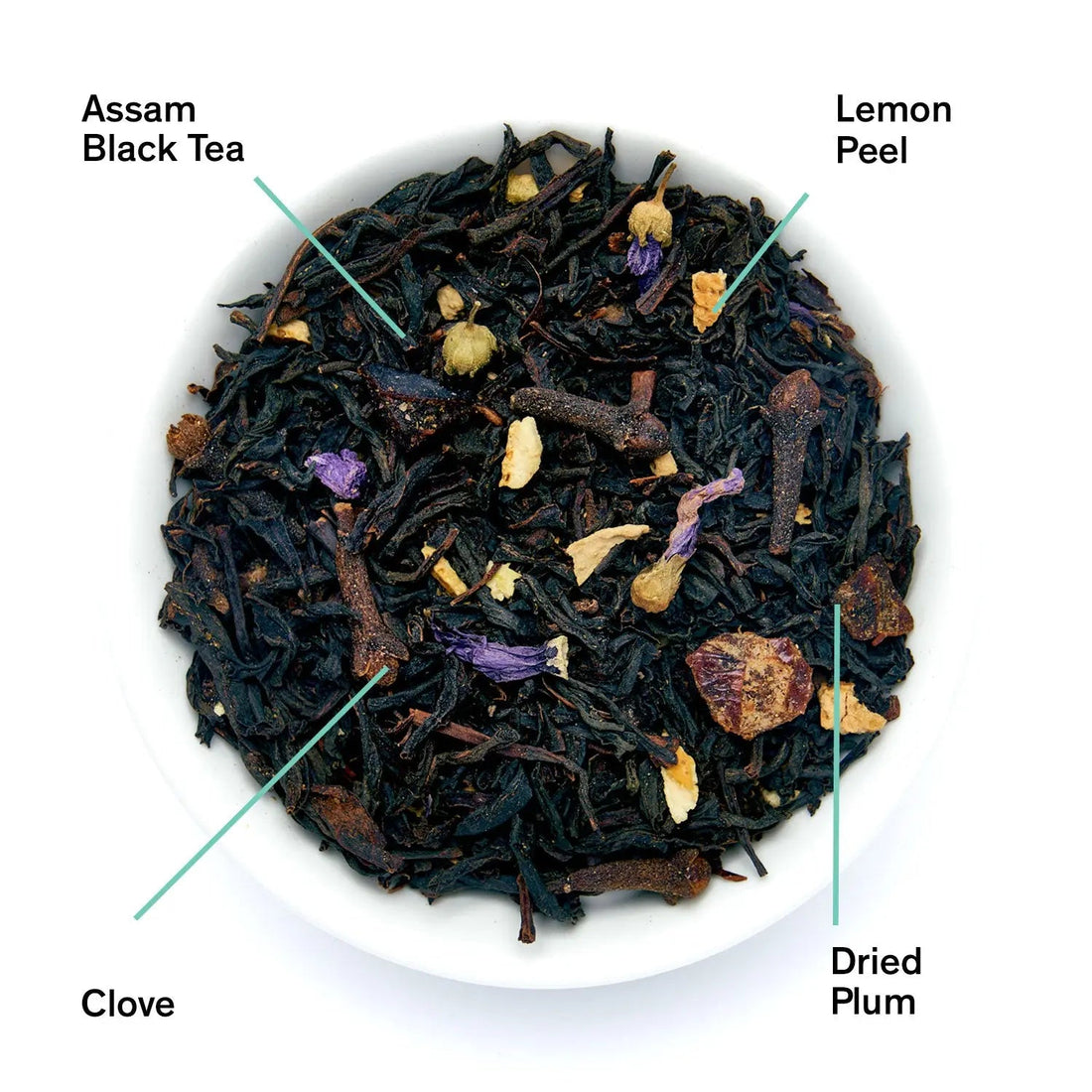 August Uncommon Tea Metropolitan black tea leaves with bergamot and plum, showcasing the loose tea blend in a clear container.
