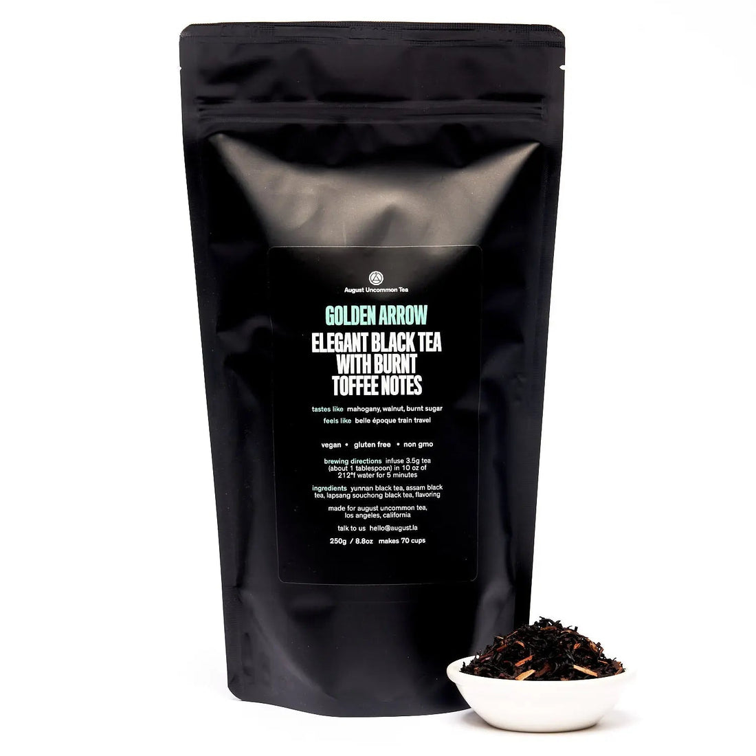 Golden Arrow Smoky Toffee Black Tea in 70-cup bag by August Uncommon Tea, showcasing the packaging and tea blend.