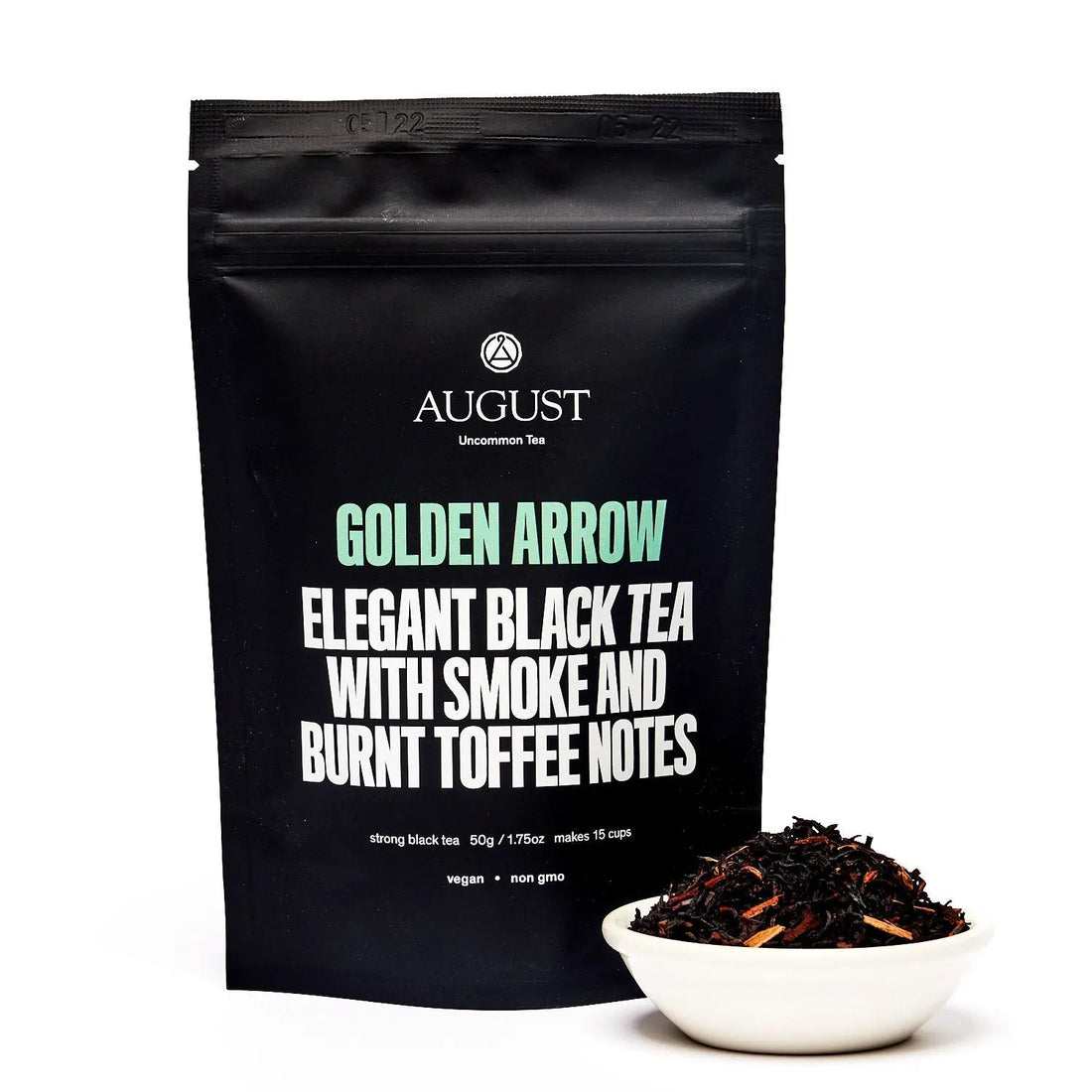 Golden Arrow Smoky Toffee Black Tea in a 15-cup bag by August Uncommon Tea, showcasing the tea packaging and branding.