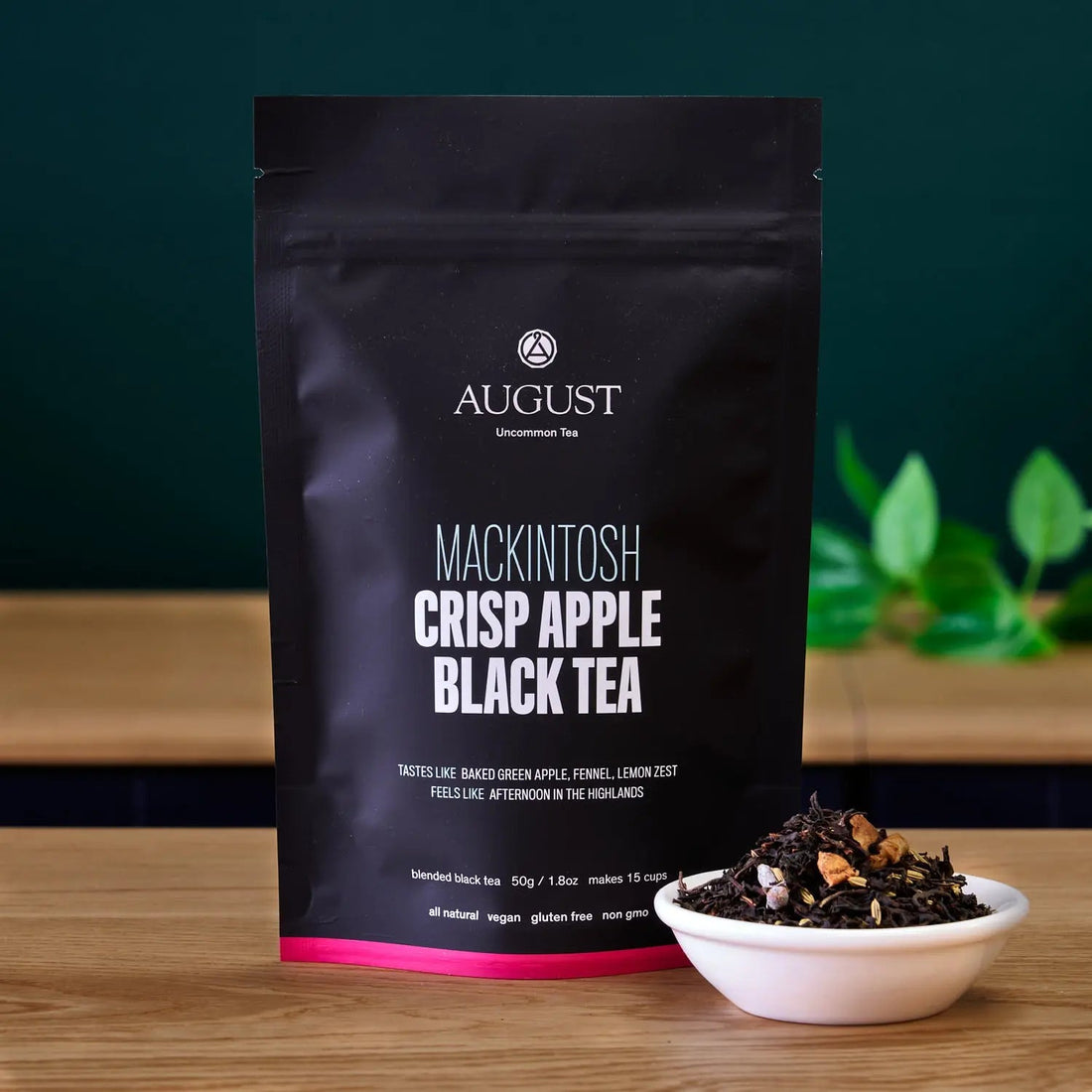 Mackintosh Crisp Apple Black Tea bag from August Uncommon Tea, black tea with apple flavor, ready for brewing in a 15-cup package.