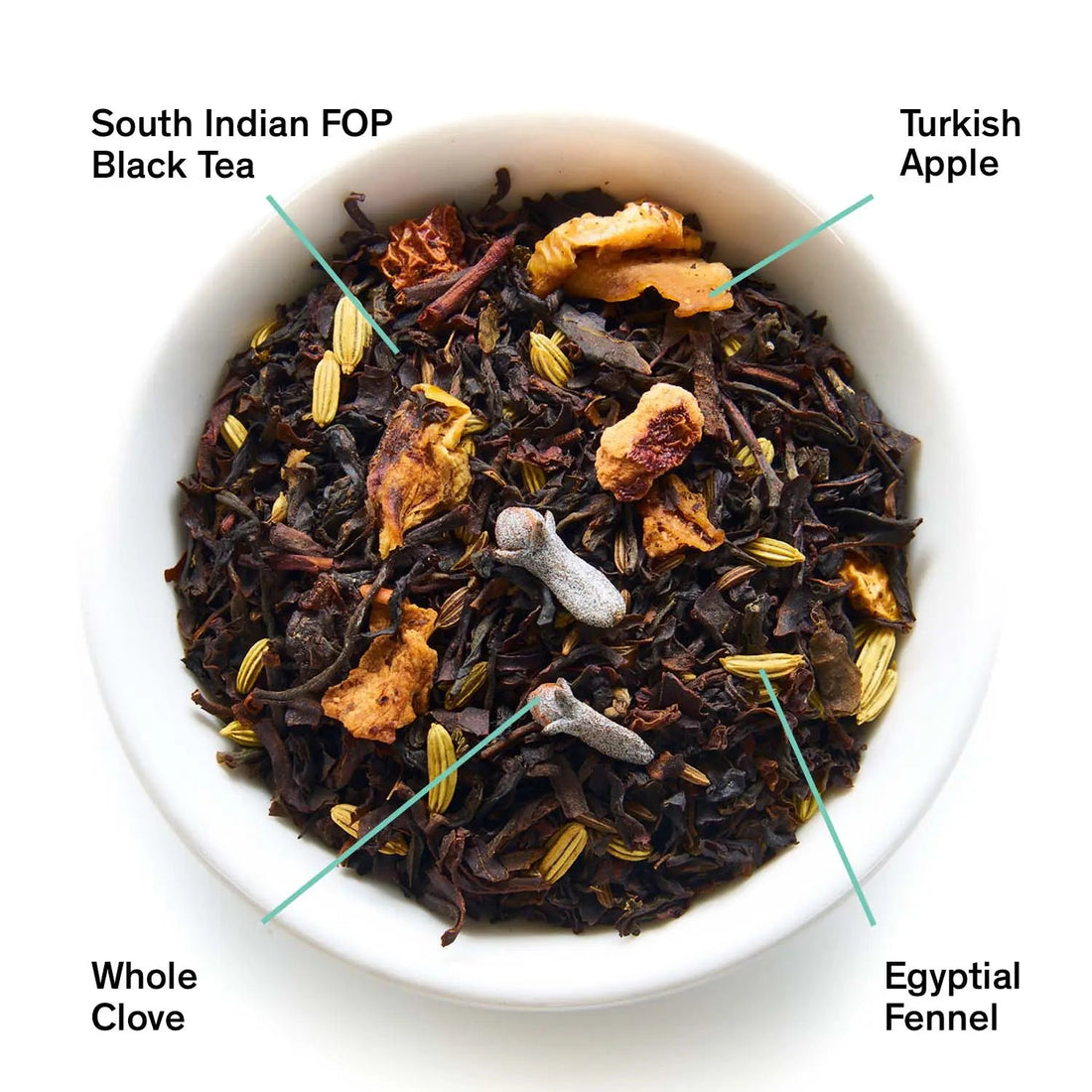 Dried Mackintosh Crisp Apple Black Tea leaves from August Uncommon Tea, showcasing dark tea leaves with apple flavor notes.