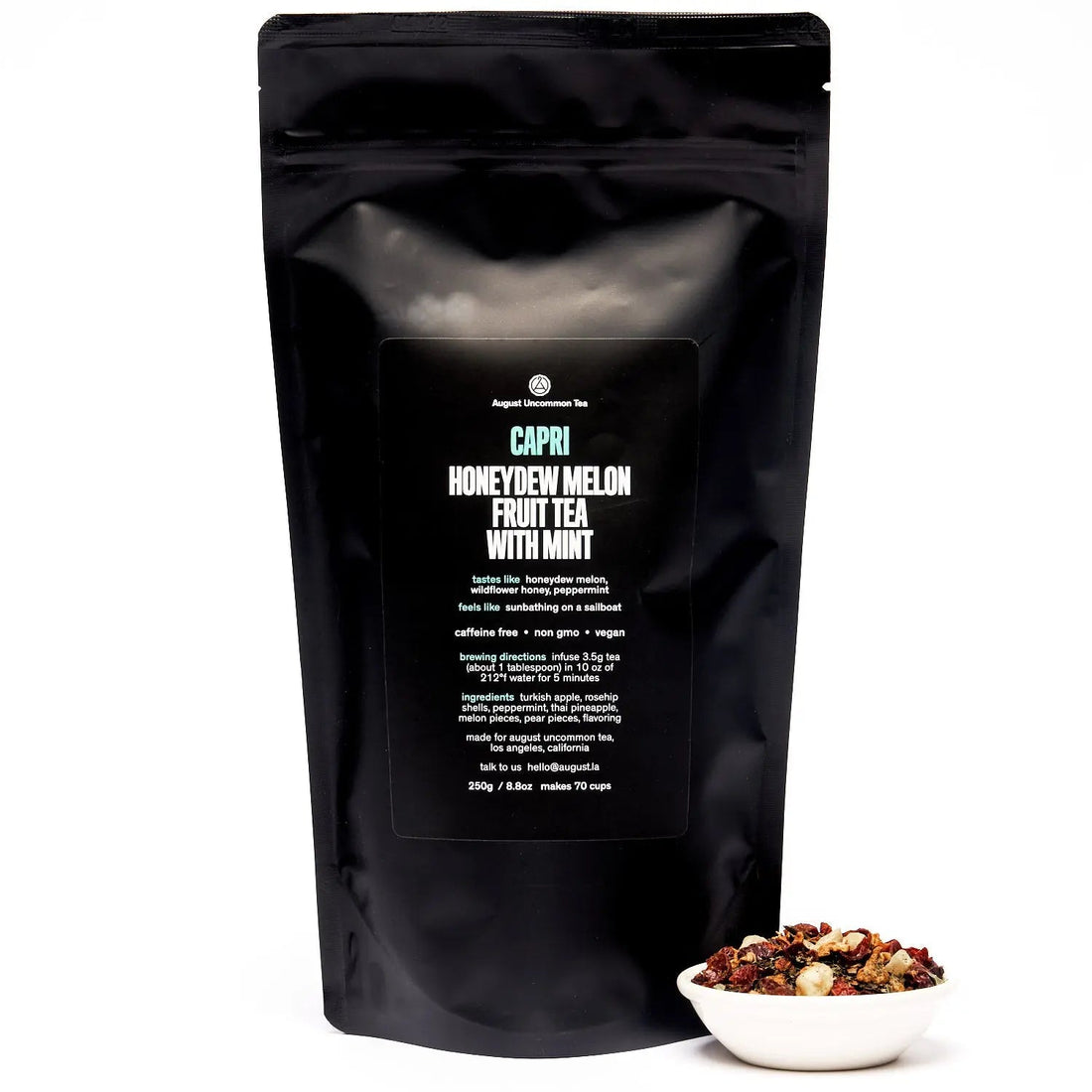 Honeydew melon and mint herbal tea by August Uncommon Tea in a 70-cup bag for caffeine-free beverage enjoyment.