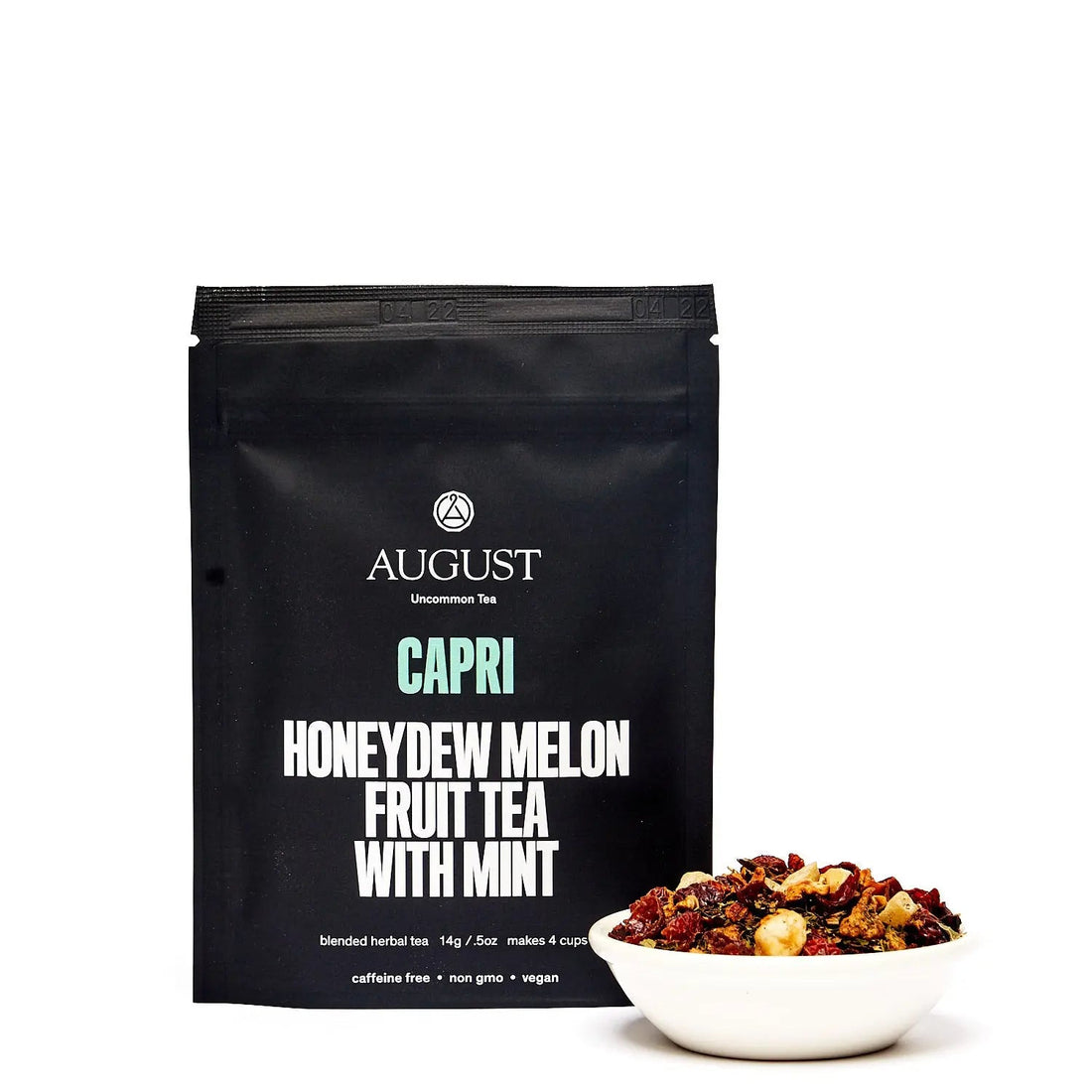 Four cups of August Uncommon Tea Capri Honeydew Melon Mint herbal tea, featuring fresh melon and mint ingredients.