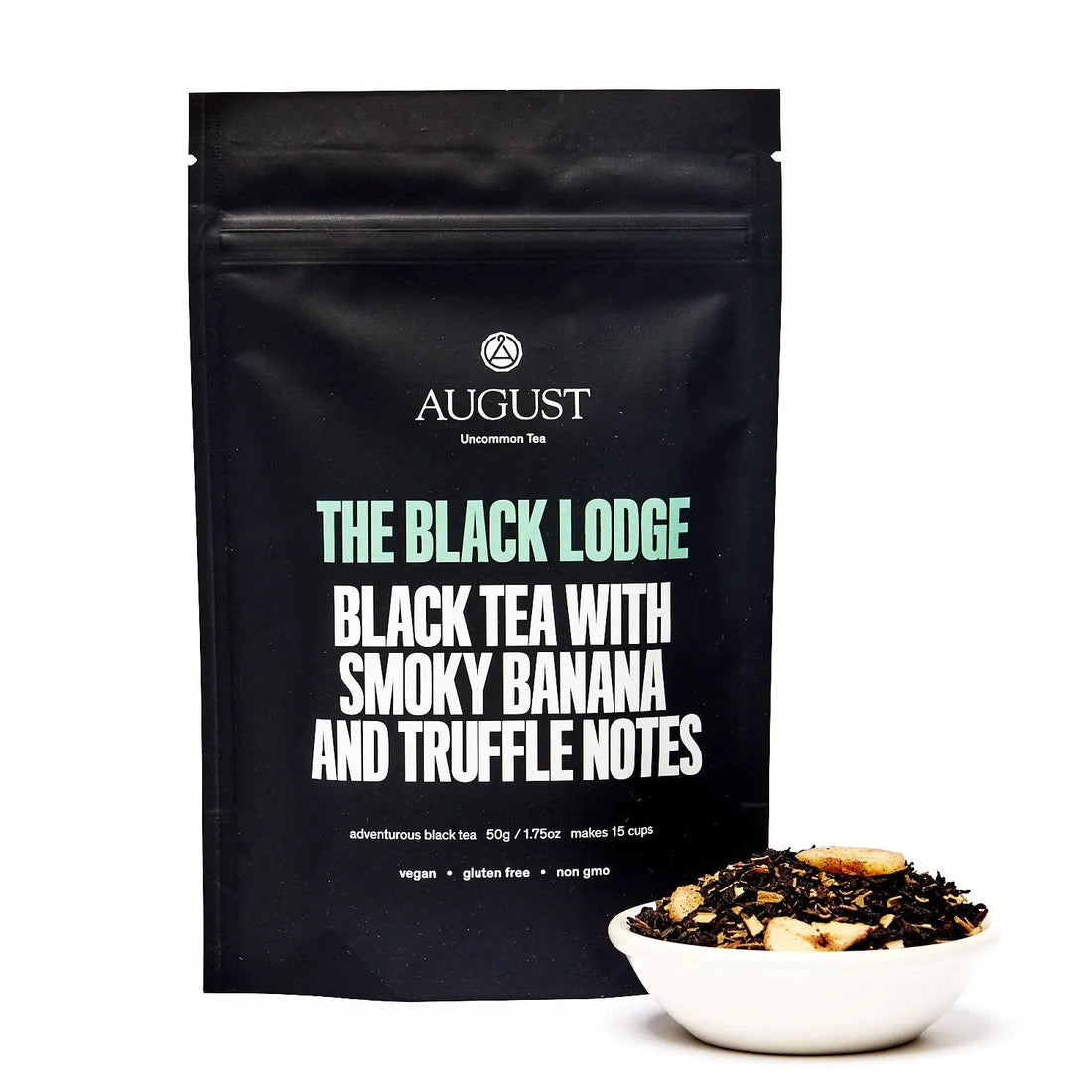 Smoky Banana Black Tea from August Uncommon Tea in a 15-cup bag, featuring black tea with smoky and banana flavors.