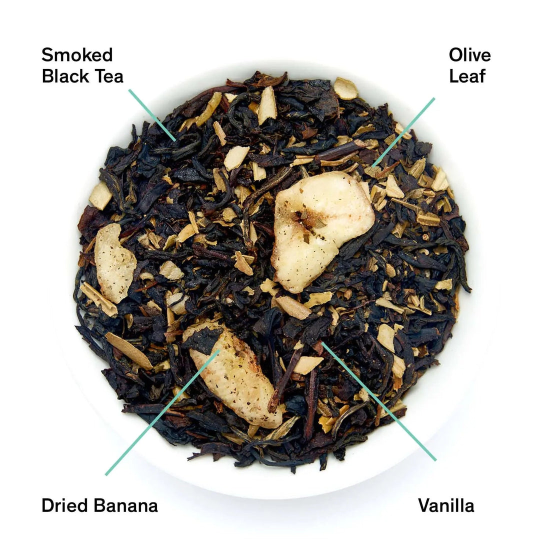 A close-up of The Black Lodge Smoky Banana Black Tea leaves from August Uncommon Tea, showcasing dark, twisted tea leaves with hints of banana aroma.