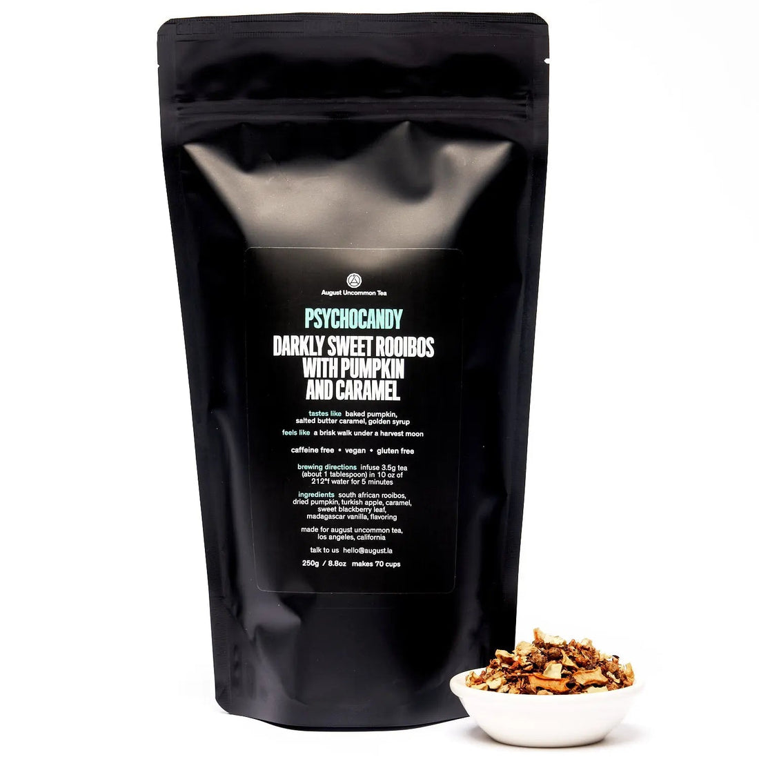 Psychocandy roasted pumpkin caramel rooibos herbal tea bag by August Uncommon Tea, caffeine-free beverage for cozy tea moments.