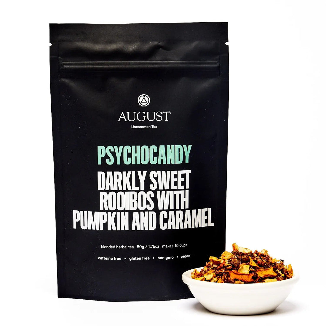 Psychocandy roasted pumpkin caramel rooibos tea from August Uncommon Tea, caffeine-free herbal tea in a 15-cup bag.