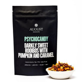 Psychocandy roasted pumpkin caramel rooibos tea from August Uncommon Tea, caffeine-free herbal tea in a 15-cup bag.