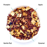 Psychocandy roasted pumpkin caramel herbal rooibos tea leaves from August Uncommon Tea, caffeine-free beverage with autumnal flavors.