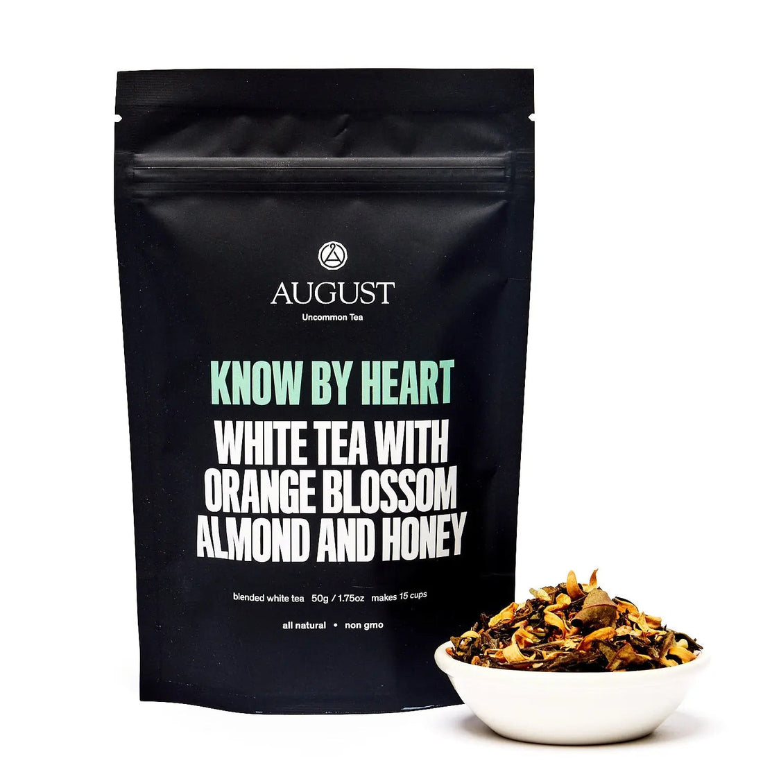 White tea bag of Know by Heart Orange Blossom Almond White Tea by August Uncommon Tea, ready for brewing in a 15-cup bag.