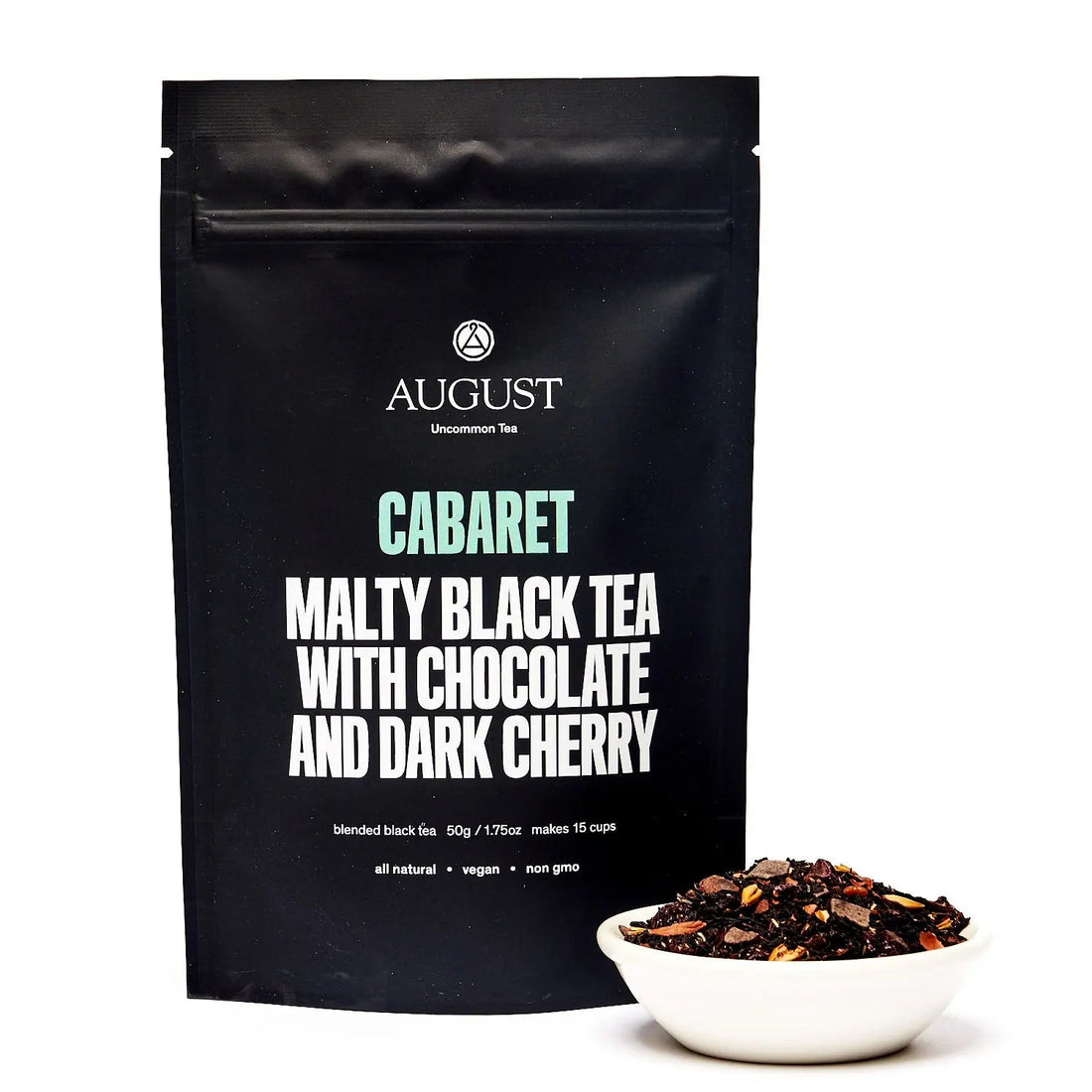 August Uncommon Tea Cabaret Cherry Chocolate Black Tea in a 15-cup bag, showcasing rich black tea leaves with cherry and chocolate notes.