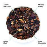Dried cherry and chocolate black tea leaves from August Uncommon Tea&