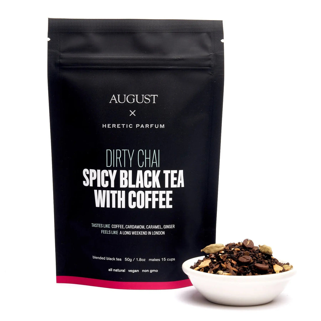 Dry spicy black tea blend for Dirty Chai from August Uncommon Tea, packaged in a 15-cup bag for chai tea beverages.
